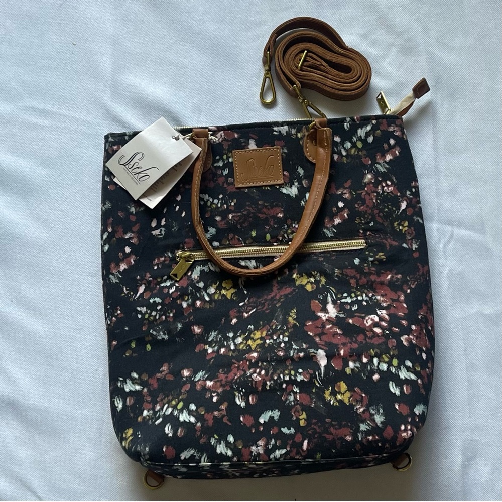 Sseko Floral Shoulder bag purse leather trim strap backpack configuration option